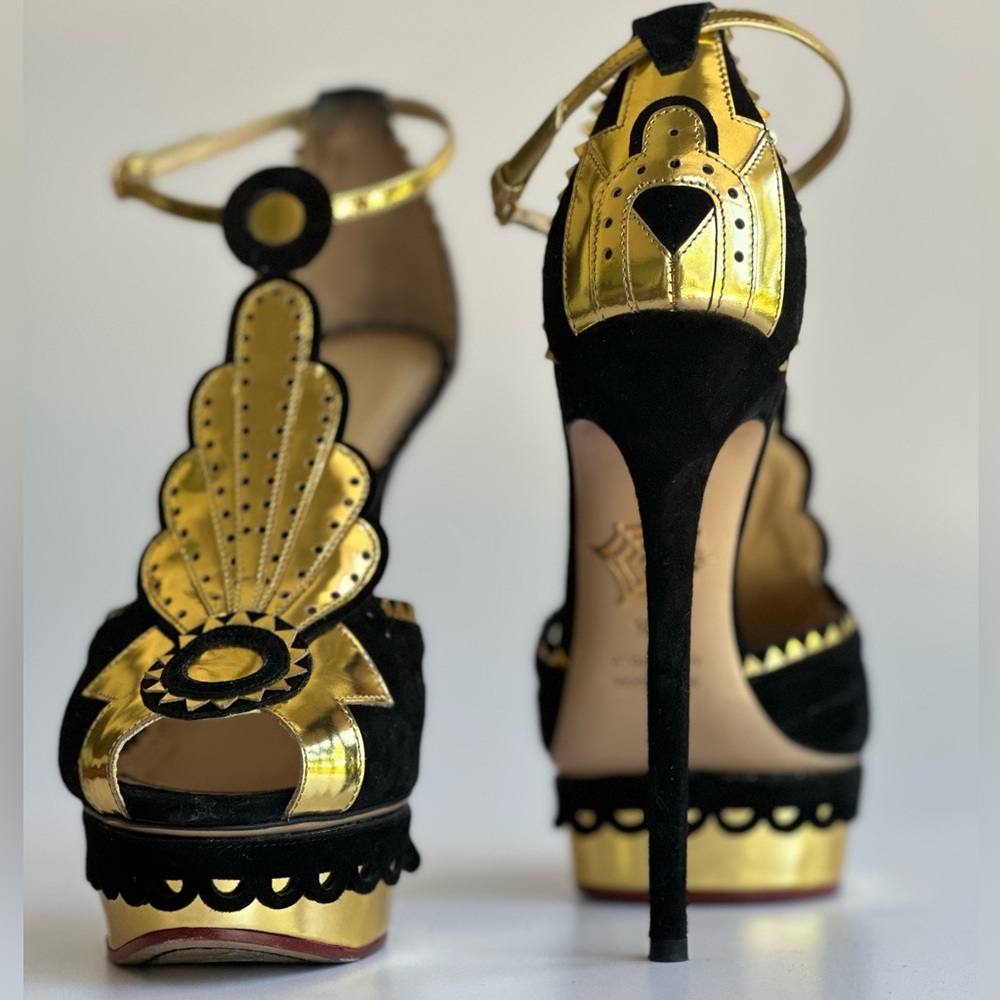 Charlotte Olympia Velvet Black Shoes with Gold Details